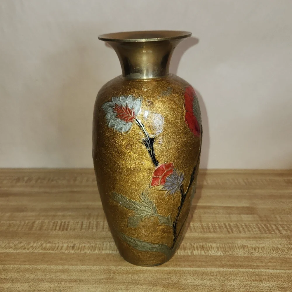 Vintage Enamel on Brass Decorative Vase with a Floral Design
